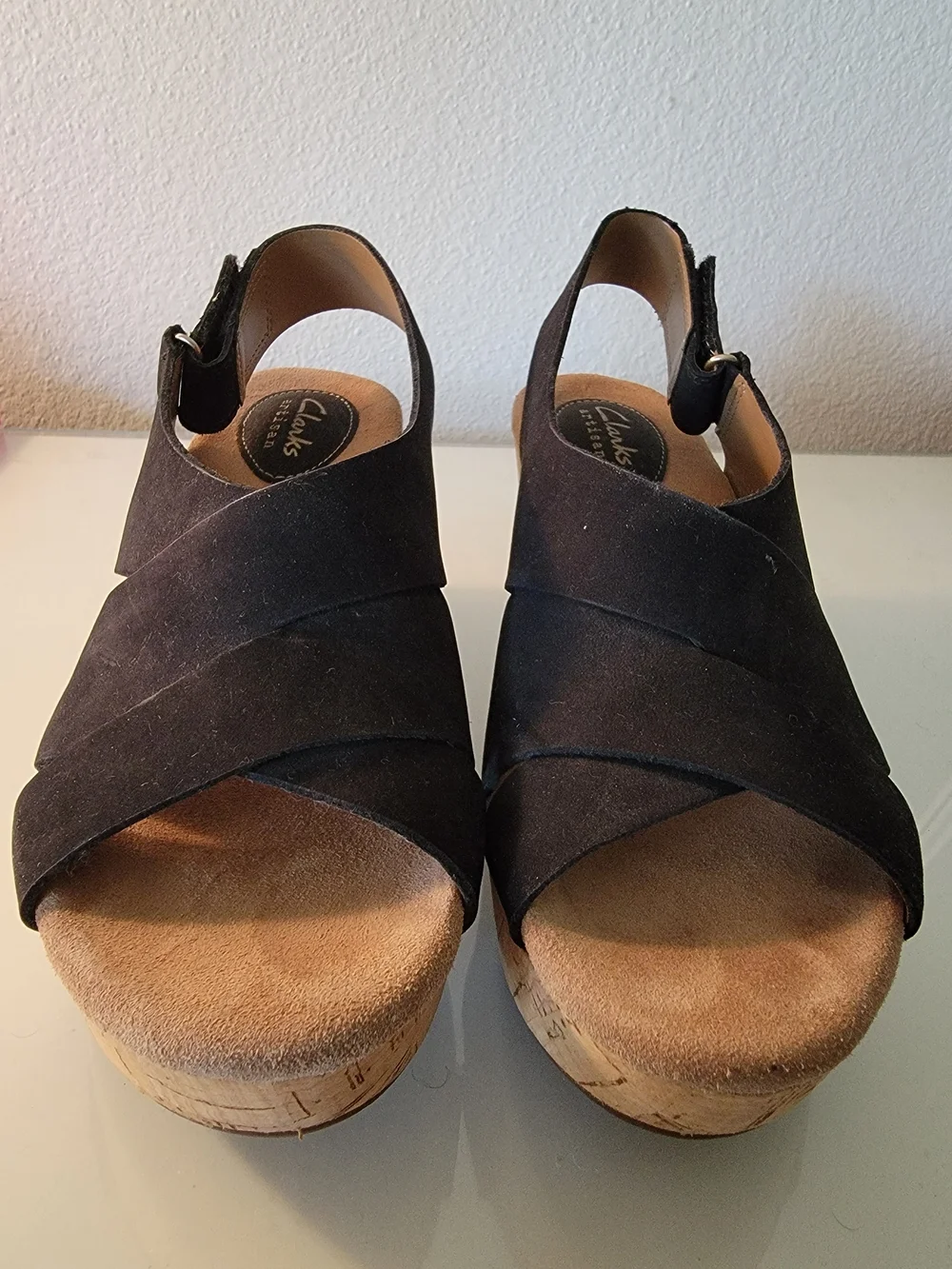 Clarks Artisan Black Suede Cork Wedge Slingback Sandals